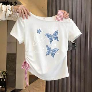 Áo thun bé gái cotton dễ thương - áo trễ vai họa tiết bướm thời trang mùa hè mỏng nhẹ