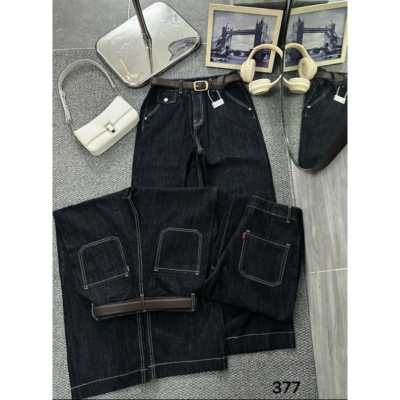 Quần Ống Suông Rộng Jeans Nữ Túi Kiểu Bigsize 55-90kg Hàng QC, Quần Dài Màu Xanh Than MS377