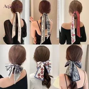 AqToCna Mới Thời Trang Lụa Khăn Tóc Ruy Băng Dài Nơ In Chữ Hàn Quốc Khăn Tóc Nữ Đuôi Ngựa Giá Đỡ Phụ Kiện Tóc AqToCna