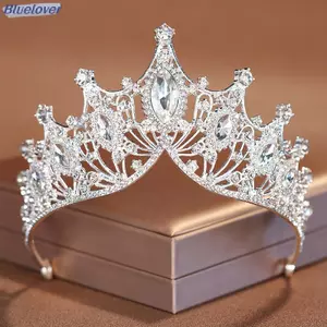 Bluelover Tinh Tế Dazzling Baroque Cưới Pha Lê Cô Dâu Vương Miện Tiaras Tóc Trang Sức Phụ Kiện Nữ Kim Cương Giả Mũ Mới