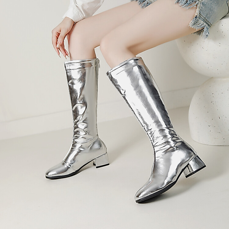 Giày Catwalk thời trang cuộc thi trình diễn người mẫu cỡ 32-46 Giày Martin ống vừa gót dày màu vàng bạc cho nữ