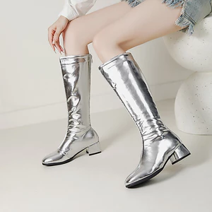 Giày Catwalk thời trang cuộc thi trình diễn người mẫu cỡ 32-46 Giày Martin ống vừa gót dày màu vàng bạc cho nữ
