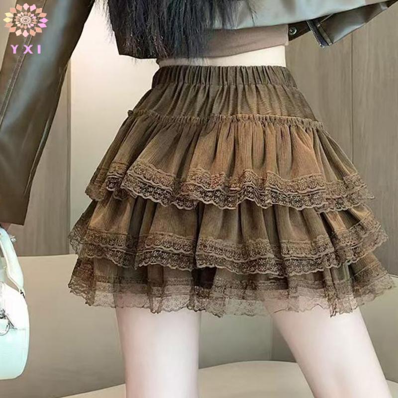 Y.X.I Pháp Bướm Thắt Lưng Cao Nửa Váy Nữ Ren Nối Váy Co Giãn Cho Mùa Xuân Hè Mới