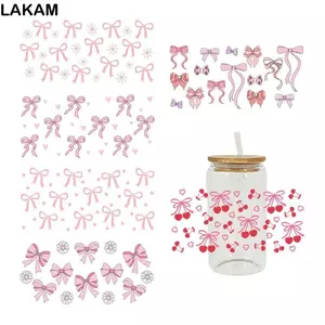 Nhãn dán chuyển LAKAM UV DTF, Nhãn dán quấn mịn màng, Đề can nơ màu hồng chống thấm nước cho cốc thủy tinh 16Oz