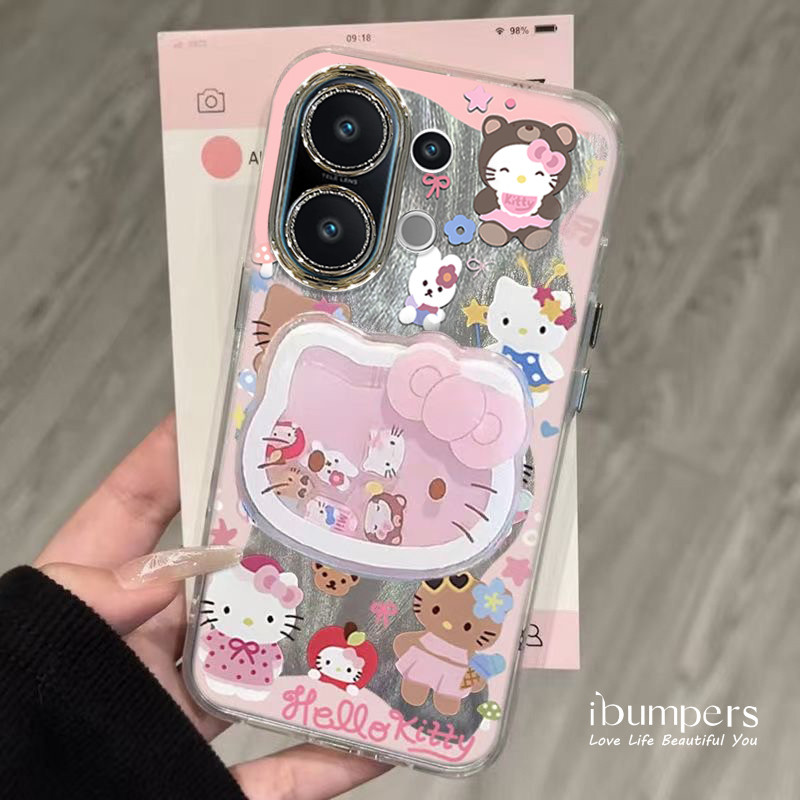ibumpers Ốp Điện Thoại iPhone Hoạt Hình Đầy Đủ Hello Kitty Dễ Thương Có Giá Đỡ Cho IPhone 11 12 13 14 15 16 Pro Max Ốp Lưng Sò Họa Tiết Lông Vũ Bạc