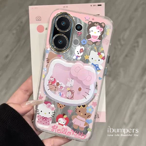 ibumpers Ốp Điện Thoại iPhone Hoạt Hình Đầy Đủ Hello Kitty Dễ Thương Có Giá Đỡ Cho IPhone 11 12 13 14 15 16 Pro Max Ốp Lưng Sò Họa Tiết Lông Vũ Bạc