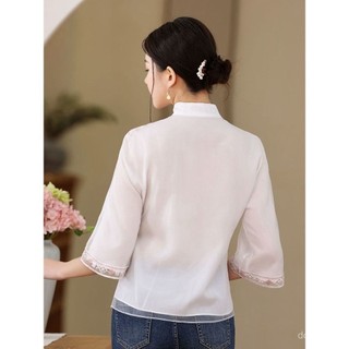 Top ngắn nữ phong cách Trung Hoa cải tiến, chất liệu organza sườn xám, thời thượng cho mùa xuân