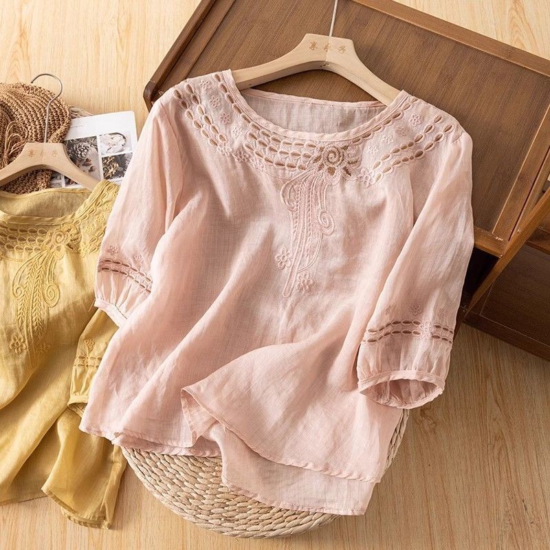 Áo thun cotton và vải lanh phong cách dân tộc cổ điển, thêu, dáng rộng cho mùa hè