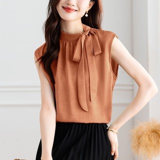 Đứng Cổ Nơ Phối Ren Voan Áo Sơ Mi Nữ Mùa Hè Thời Trang Sang Trọng Người Nổi Tiếng Không Tay Áo Sơ Mi Nhỏ Sang Trọng Top