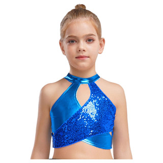 Yhong Trẻ Em Bé Gái Jazz Latin Phòng Bóng Khiêu Vũ Trang Phục Cross Keyhole Lấp Lánh Kim Loại Crop Top Dancewear