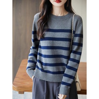 Áo len sọc dáng rộng phong cách Pháp, dành cho nữ