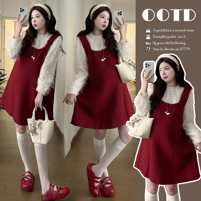 Bộ đồ bà bầu Thu Đông Váy sơ mi đính sequin Bộ đồ hai mảnh