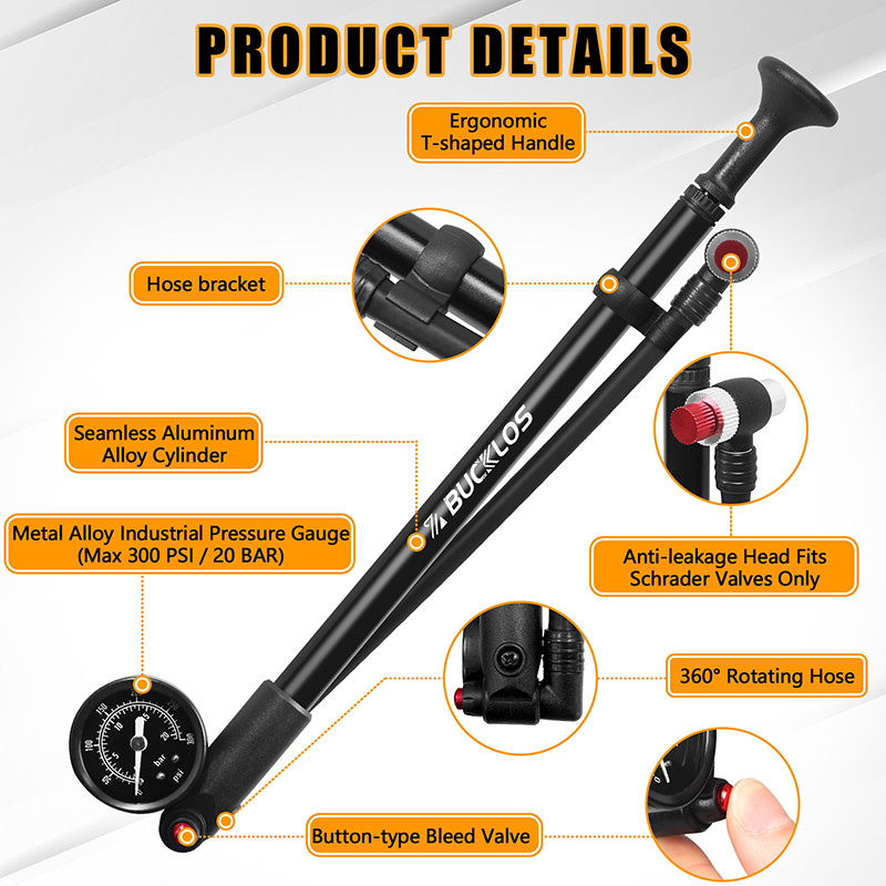 BUCKLOS Máy Bơm Xe Đạp Nĩa Khí Phía Sau 300psi Máy Bơm Hơi Sốc Di Động Áp Lực Cao Máy Bơm Không Khí Bằng Tay Có Đồng Hồ Đo MTB Xe Đạp Đường Bộ Dụng Cụ