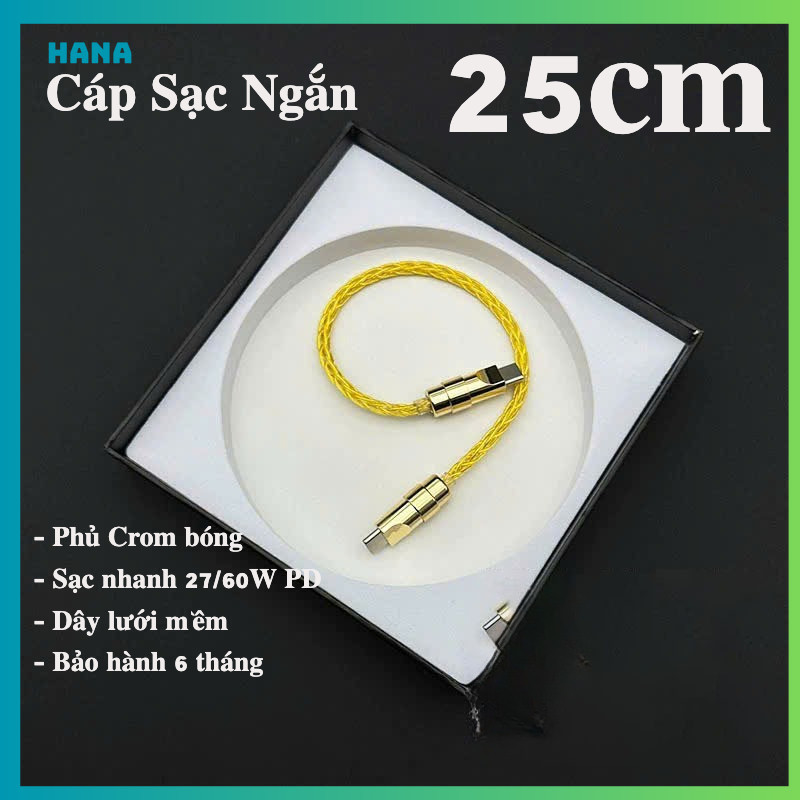 Dây Cáp Sạc Nhanh 60W PD Type C - Ngắn 25cm - Đầu Đồng Phủ Crom Vàng Bóng - Dây bện 8 sợi