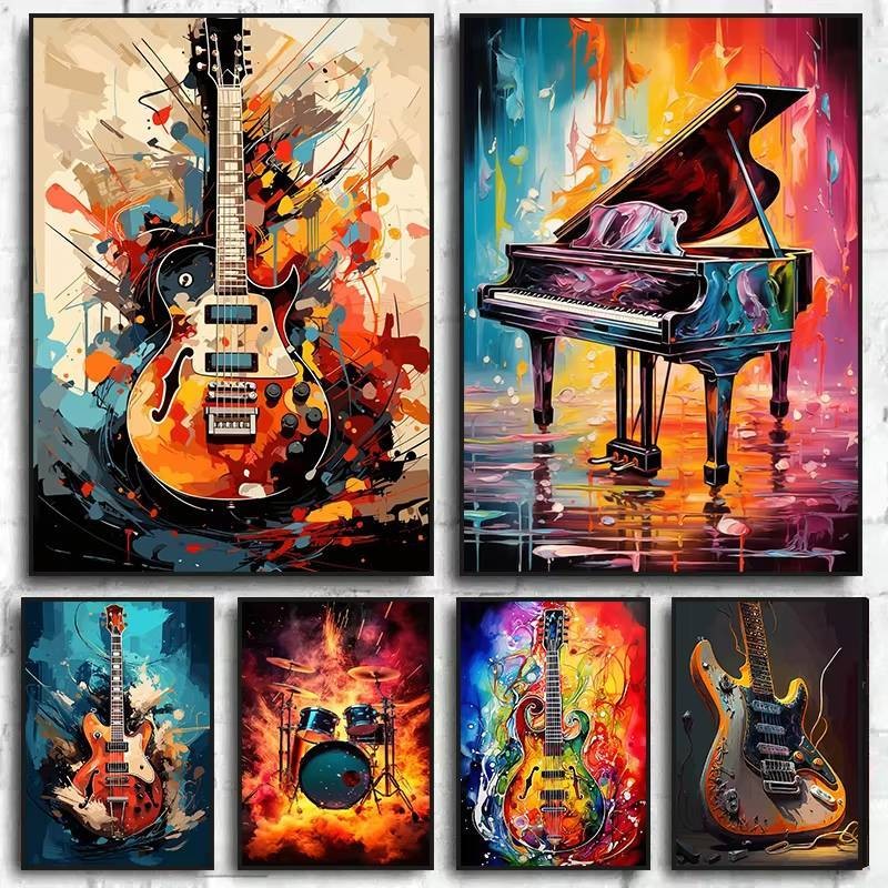 Trừu Tượng Nhiều Màu Sắc Nghệ Thuật Nhạc Cụ Trống Bộ Đàn guitar poster In canvas Tranh Tường Nhạc Nghệ Thuật Tranh Nhà Phòng Ngủ Trang Trí