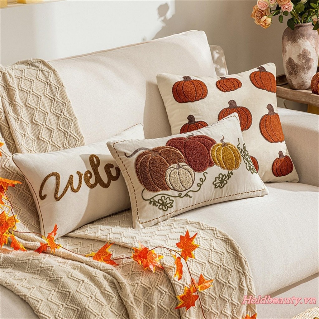 Gối Lễ Tạ Ơn Thêu Bí Ngô Ném Gối Trang Trí Nhà Cho Sofa Phòng Ngủ