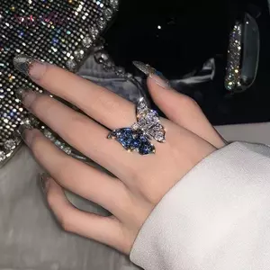 AqToCna Xanh Zircon Bướm Mở Nhẫn Có Thể Điều Chỉnh Dành Cho Nữ Bé Gái Thời Trang Ánh Sáng Sang Trọng Tinh Tế Tinh Tế Tiên Tiến Nhẫn Trang Sức Quà Tặng AqToCna