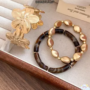 BRARAA 3 Cái / bộ Vòng Tay Vòng Tay Không Đều, Bộ Lắc Tay Hoa Lớn Vàng Dày, Ống Tre Bohemian Punk Vòng Tay Bộ Trang Sức