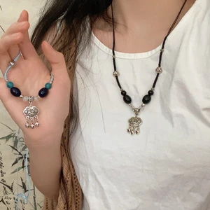 Trung Quốc Retro Khóa An Toàn Mặt Dây Chuyền Vòng Cổ Nữ Gốm Đính Hạt Ánh Sáng Sang Trọng Quốc Gia Hợp Thời Trang Dây Chuyền Áo Len Độc Đáo Sáng Tạo Xương Đòn Dây Chuyền