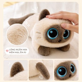 【BabyJoy】Gấu bông mèo đen mắt to dáng nằm, thú nhồi bông mèo tam thể, mèo Xiêm, gối ôm, quà tặng bé gái