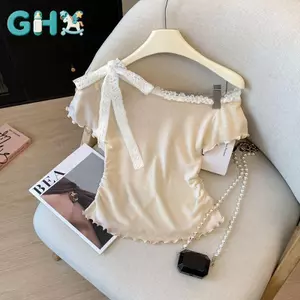 GHX Thời Trang Slim Off-Shoulder Ren Ngắn Tay Áo Thun Nữ Mùa Hè VN