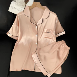 Phụ Nữ Pyjama Châu Âu Đơn Giản Ve Áo Cardigan Tay Ngắn Trang Phục Phong Cách Thanh Lịch Cho Thời Gian Nghỉ Trong Nhà Hàng Ngày
