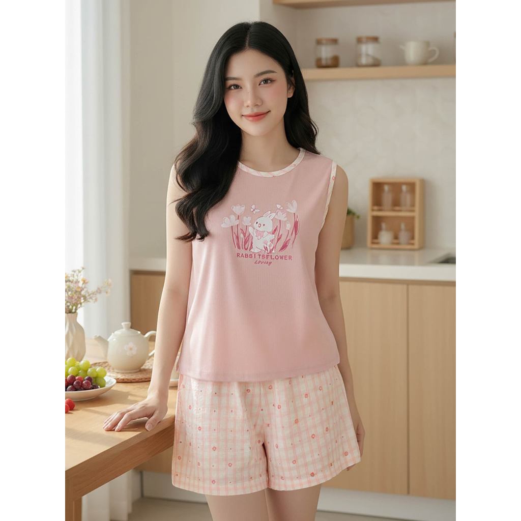 Bộ đồ mặc nhà nữ CARDINA chất liệu tăm lạnh sát nách cổ tròn và quần đùi thô 6BFN01