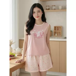 Bộ đồ mặc nhà nữ CARDINA chất liệu tăm lạnh sát nách cổ tròn và quần đùi thô 6BFN01