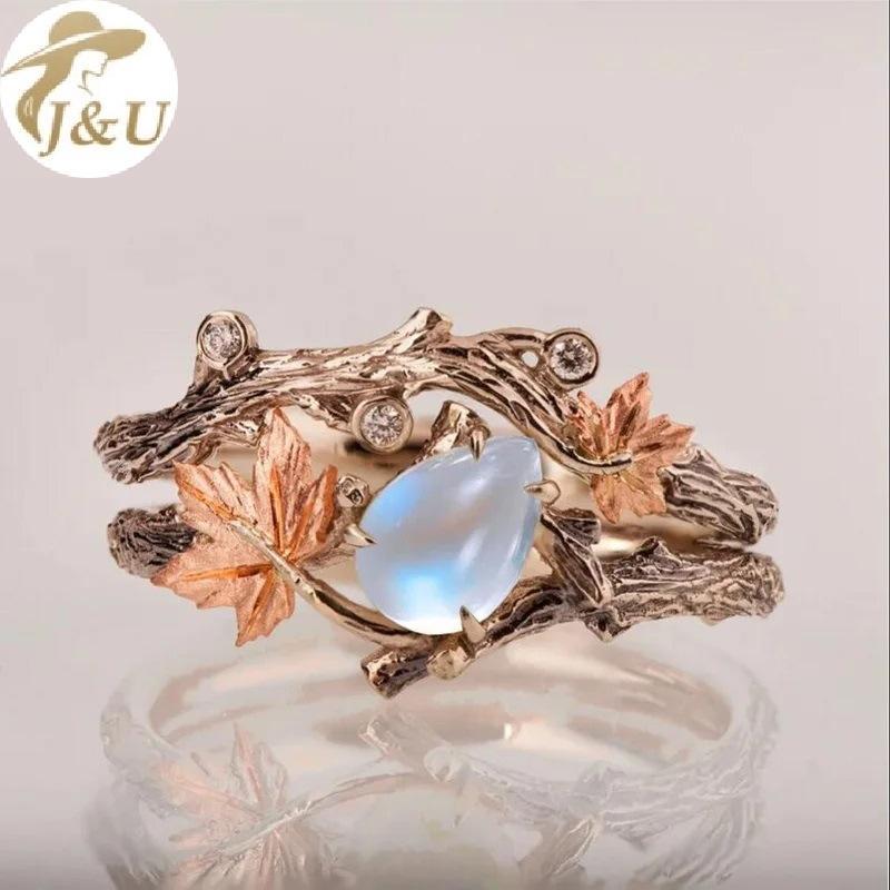 JU Vintage Cổ Vàng Twig le Lá Kim Cương Giả Nhẫn Nữ Cô Gái Ánh Sáng Sang Trọng Nhẫn Phụ Kiện Trang Sức Kỷ Niệm Quà Tặng VN