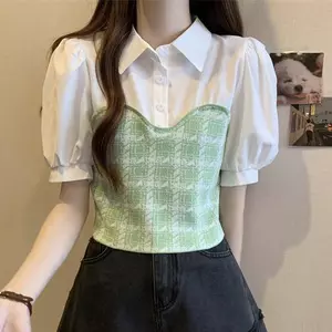Phiên bản Hàn Quốc Áo sơ mi gợi cảm kẻ sọc sang trọng Mùa hè Phong cách mới Thiết kế thích hợp Cổ áo polo giả hai mảnh áo ngắn tay