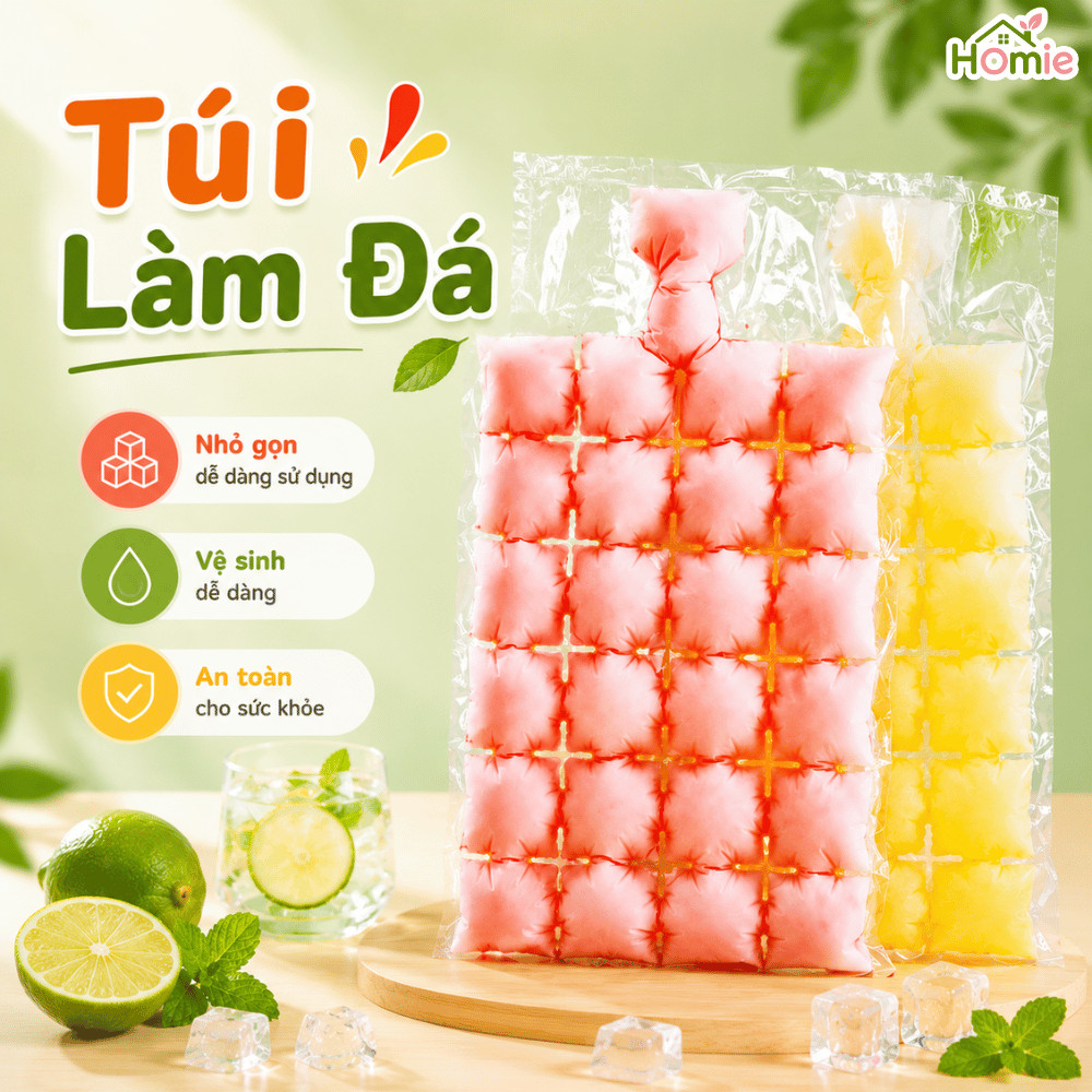 Set 50 Túi Làm Đá Viên 24 Ô Dùng 1 Lần HOMIE, Túi Làm Kem, Sữa Chua, Nước Trái Cây Kèm Phễu An Toàn