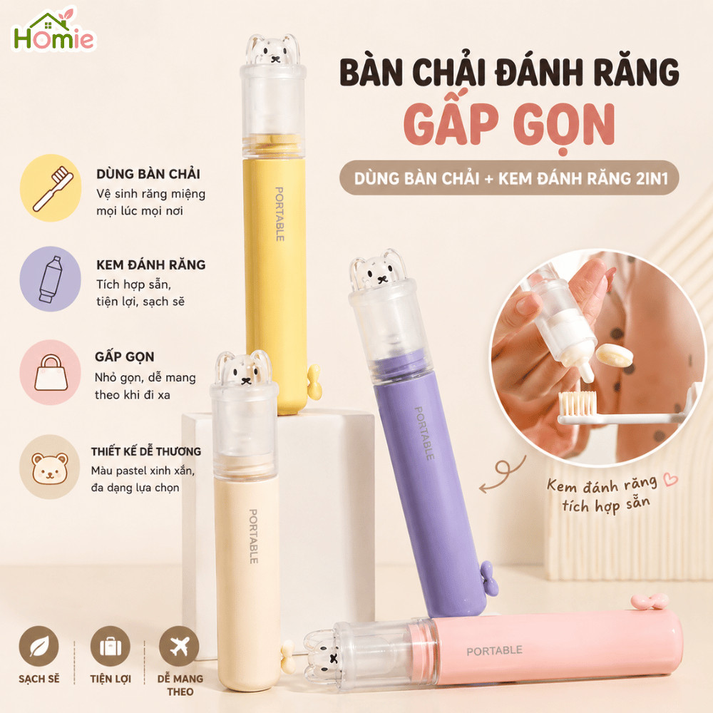 Bàn Chải Đánh Răng Lông Mềm Gấp Gọn Tích Hợp Kem Đánh Răng 2in1 HOMIE Nhỏ Gọn Tiện Dụng Mang Du Lịch