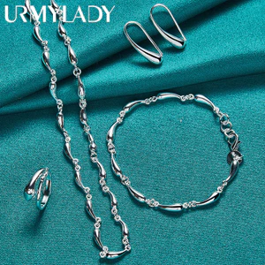URMYLADY Bạc 925 Nước Thả Vòng Tay Vòng Cổ Nhẫn Bông Tai Trang Sức Cho Nữ Thời Trang Quyến Rũ Bộ Bốn Mảnh