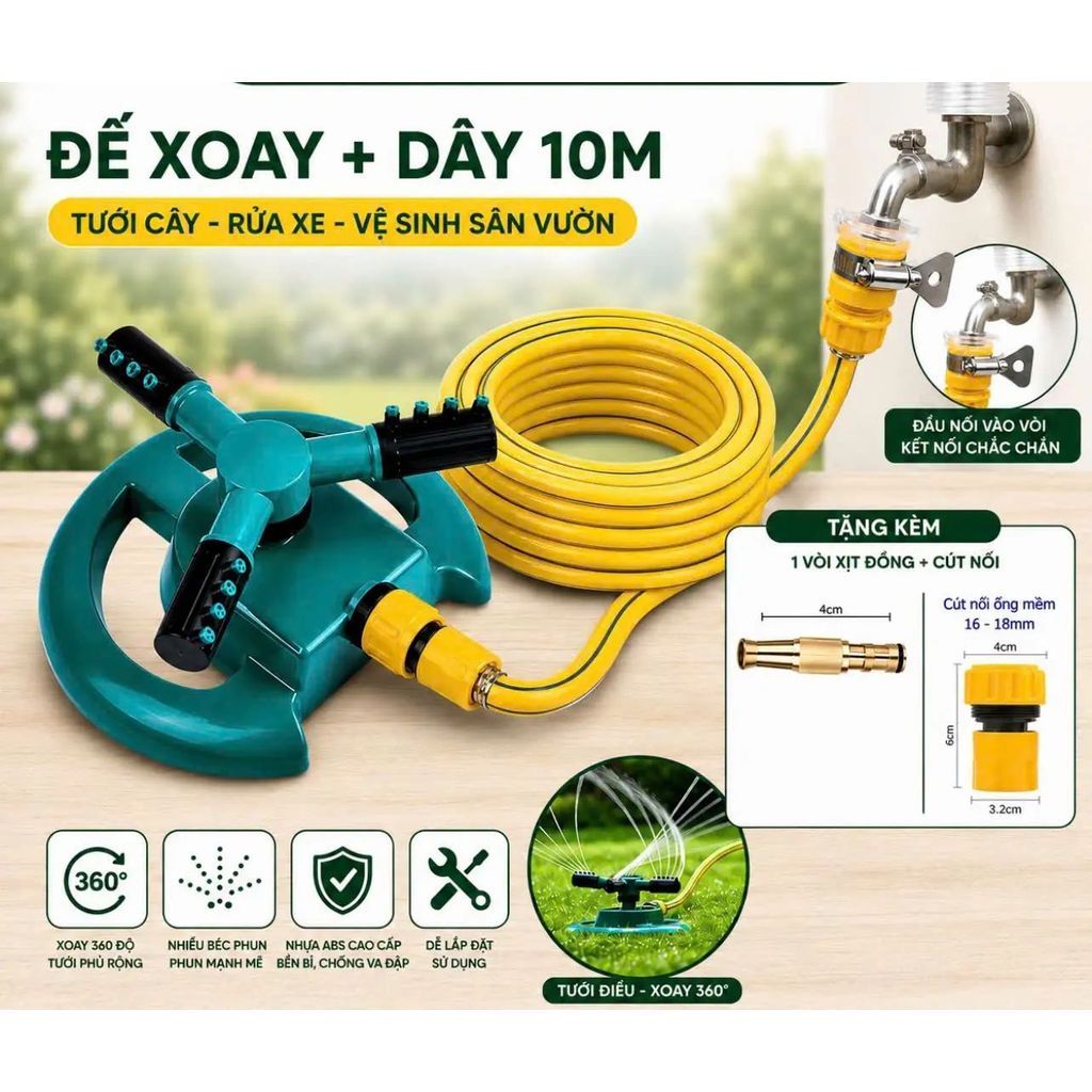 Đế phun nước tặng kèm Đầ nối tưới vườn tưới cây tự Động xoay 360 Độ tự Động,chất liệu nhựa ABS tiện ích