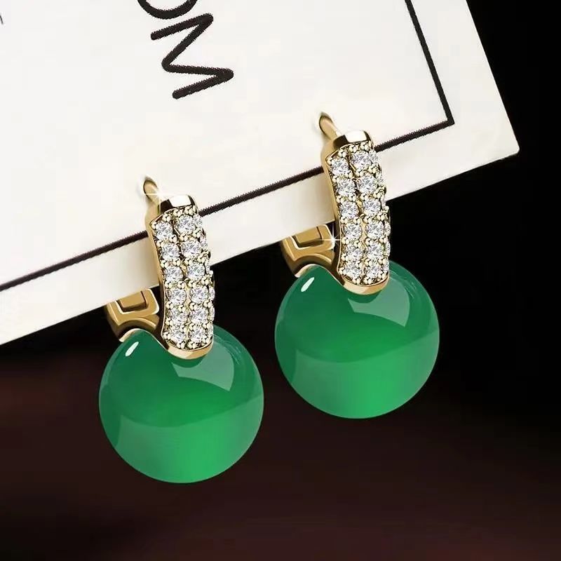 Bông tai hạt tròn Chalcedony tự nhiên thời trang và thanh lịch