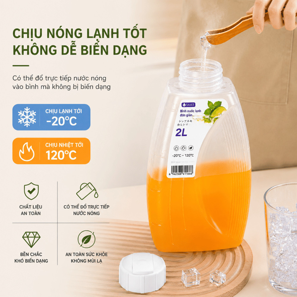 Bình Đựng Nước Chịu Nhiệt 1L-2L HOMIE, Bình Nước Tủ Lạnh Dung Tích Lớn, Nhựa PP An Toàn, Cao Cấp