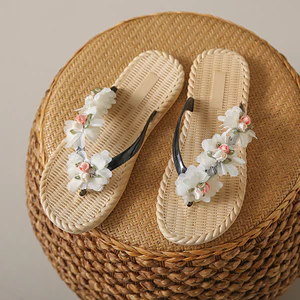 Vải Hoa Flip-Flops Nữ Mùa Hè Mặc Ngoài Thời Trang Chống Trơn Trượt Flat Flip-Flops Giày Đi Biển Nữ LQJQ