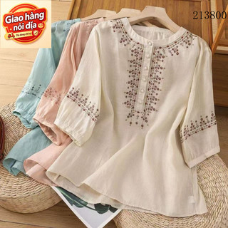 Giao hàng nội địa từ Việt Nam 2025 Mùa hè Áo sơ mi nữ cotton lanh mới, kiểu dáng thêu, áo pullover