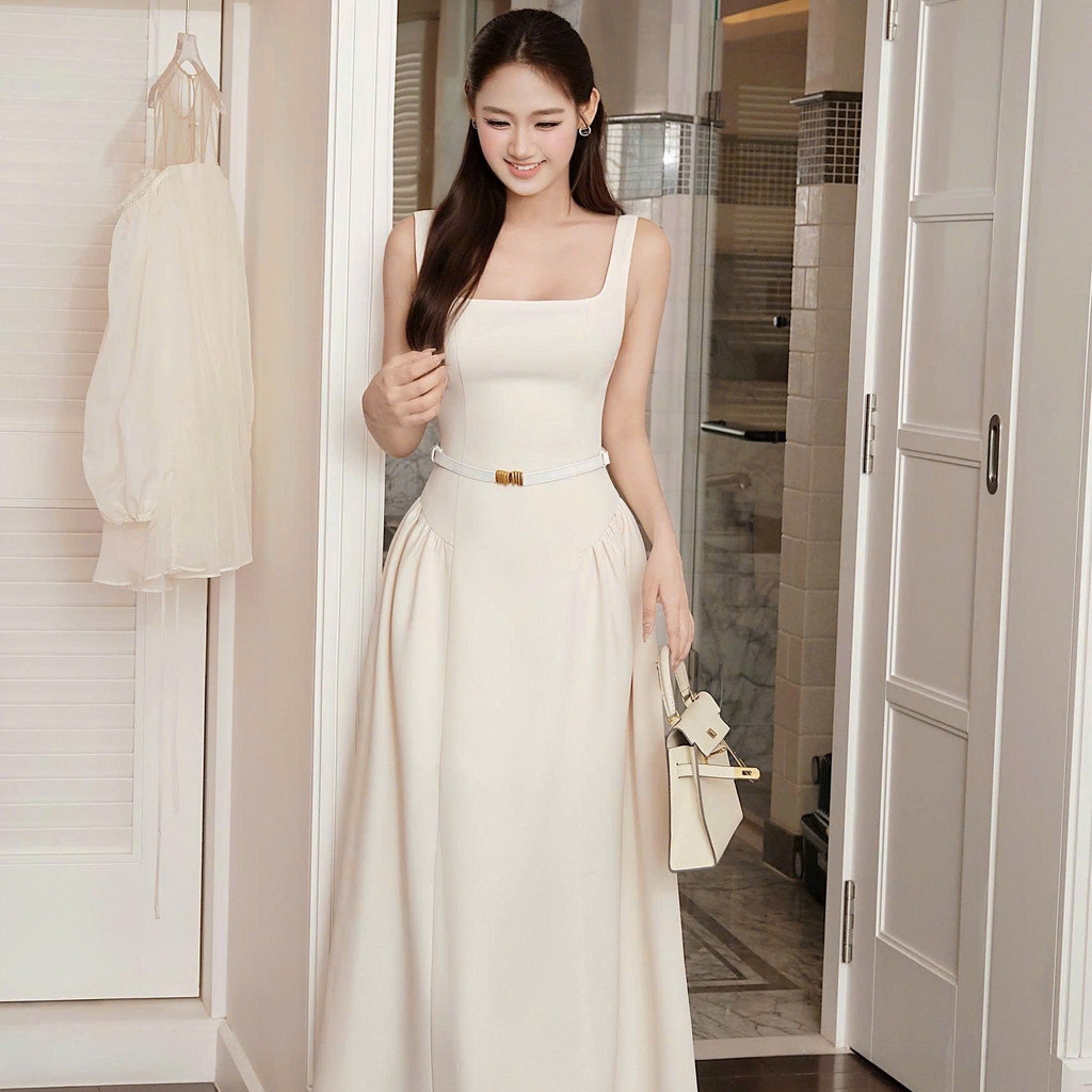 Đầm midi Khiết trắng kem thiết kế cổ vuông thanh lịch đi kèm belt da sang trọng KD449B