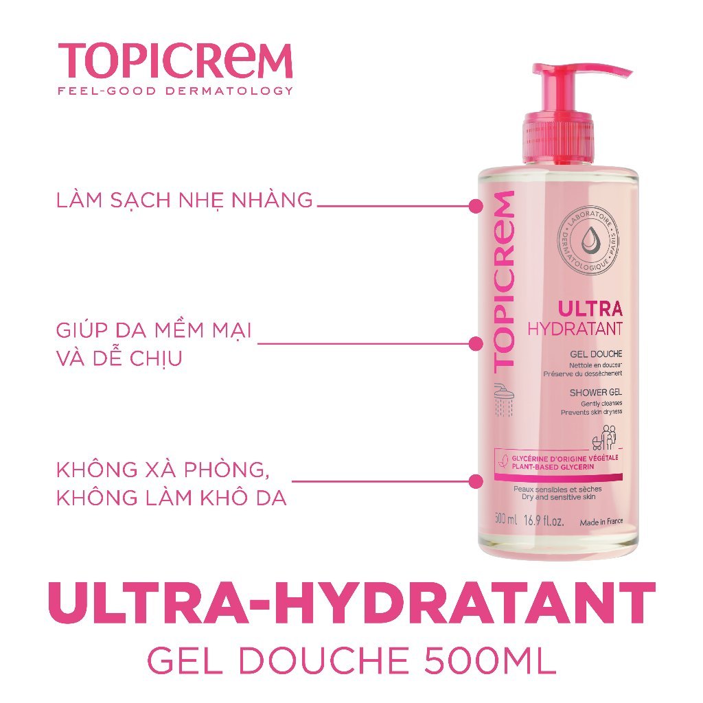 Gel tắm siêu dưỡng ẩm TOPICREM ULTRA HYDRATANT GEL DOUCHE 500ml giữ ẩm cho làn da nhạy cảm