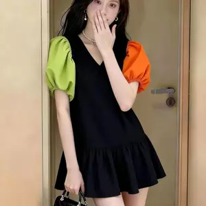 Đầm tay phồng màu tương phản Slimer Look Cổ chữ V Khâu dáng rộng cao cấp mùa hè