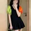 Đầm tay phồng màu tương phản Slimer Look Cổ chữ V Khâu dáng rộng cao cấp mùa hè