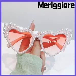 Kính mắt mèo MERIGGIARE, Kính râm khung ngọc trai giả UV400 Y2K, Kính râm dự tiệc đi biển hình trái tim thập niên 90 hợp thời trang dành cho nữ và nam giới