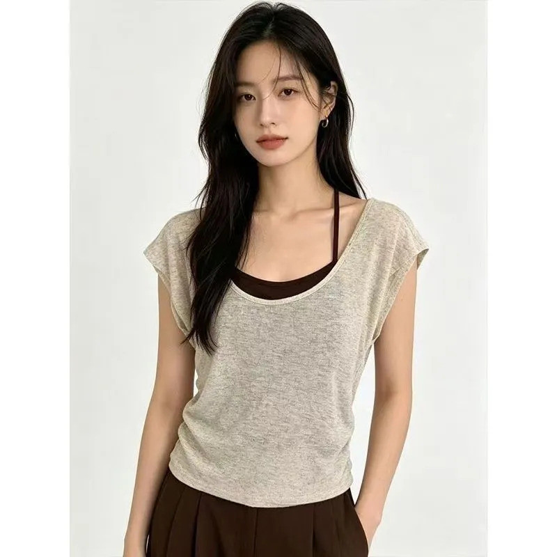 Milyfashion Giả Hai Mảnh Tay Ngắn + Dây Sling Cổ Chữ U Lớn Áo Thun Ngắn Tay Slim-Fit Sli