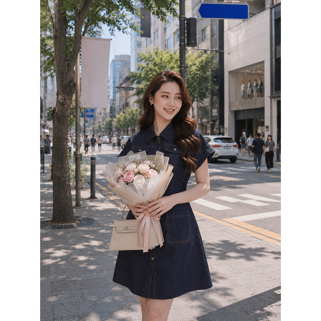 Đầm Denim nữ ELLA DORA thiết kế cúc đồng phối nắp túi form dáng ngắn thanh lịch màu XANH ĐẬM [D308]