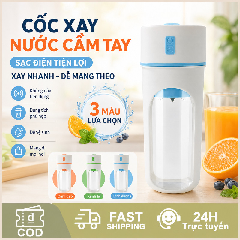 Máy xay sinh tố cầm tay mini, sạc USB, lưỡi dao đa cánh, kèm ống hút, thiết kế gọn nhẹ