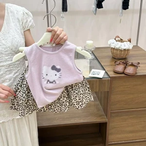 ✿ Bé Gái Hello Kitty Tank Top & Váy Da Báo 2 Bộ Màu Tím Hoạt Hình In Hình Trẻ Em Mùa Hè Ngọt Ngào Trang Phục