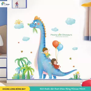 Decal dán tường cho bé, Tranh dán tường khủng long bóng bay, trang trí phòng ngủ cho bé