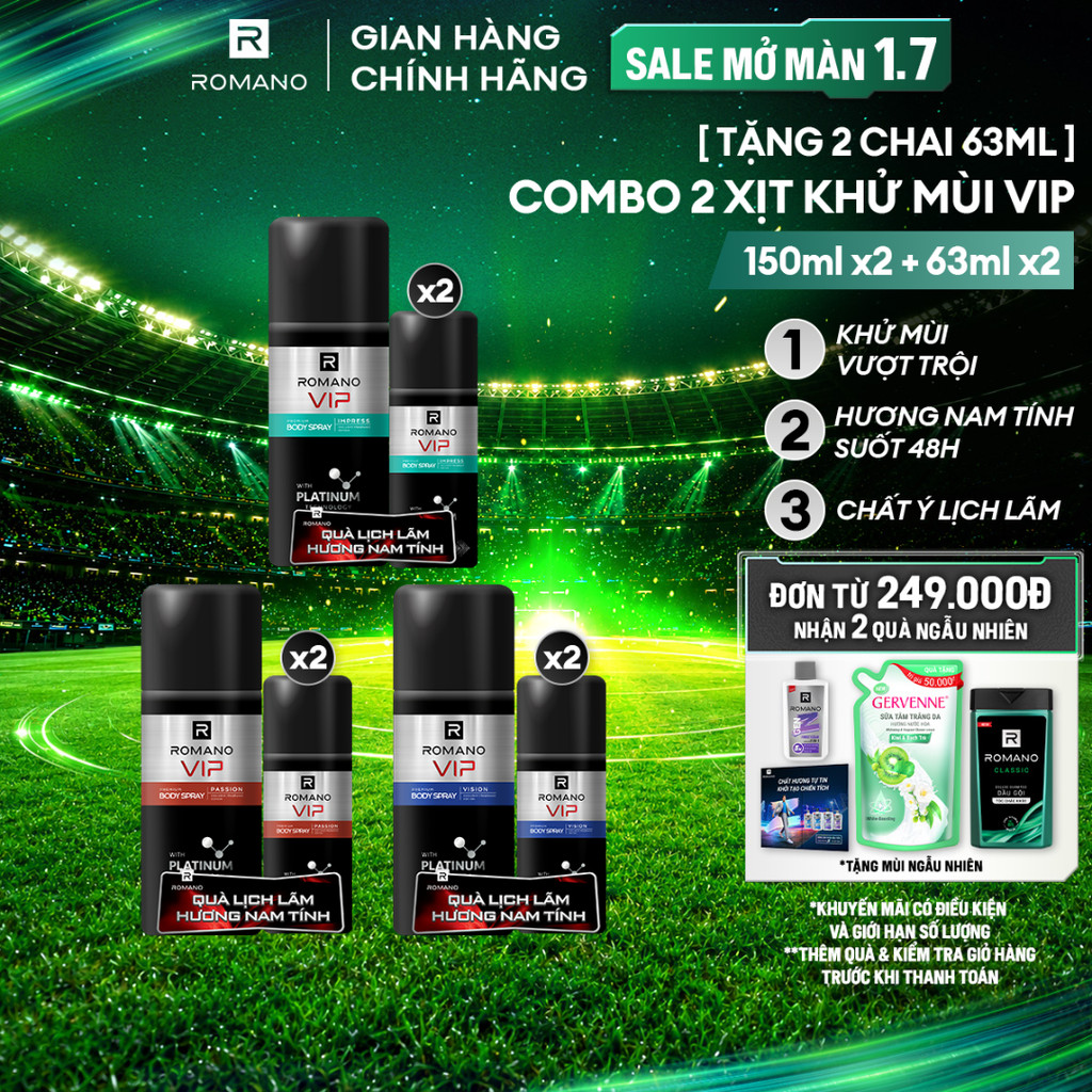[TẶNG 2 Xịt khử mùi 63ML] Combo 2 Xịt khử mùi cho nam cao cấp VIP Romano (150ml x 2) (Tặng mùi ngẫu nhiên)