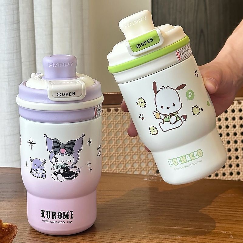 410ml Kawaii Sanrios Thermos Cup Hello Kitty Kuromi Cinnamoroll Chai uống nước ống hút dung tích lớn
